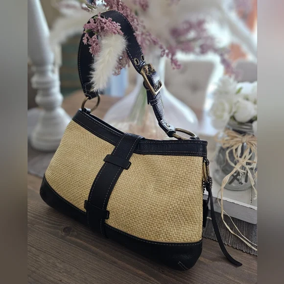 Vintage Coach Legacy Leather Trimmed Manufactured Straw Hobo Shoulder Bag - Picture 6 of 16